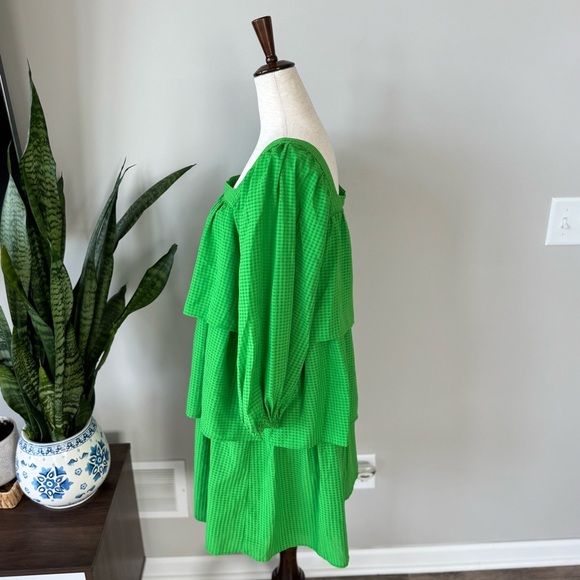 NWT! Square Neck Checkered Tier Layer Bubble Sleeve Dress - Color: Online Lime - Picture 3 of 10